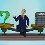 Bob Nienaber sitting on middle of scale, between a question mark and a building